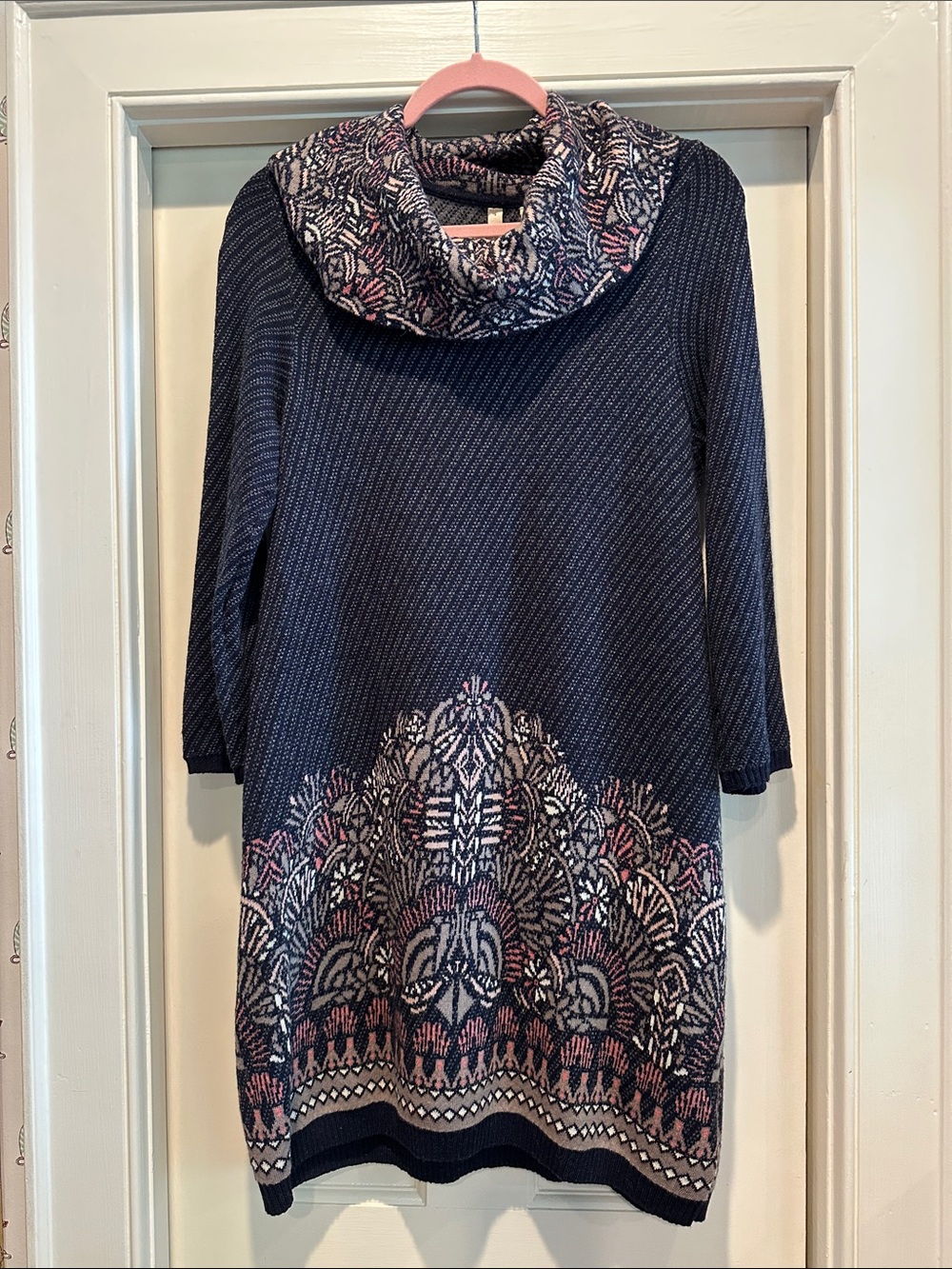 Moth Navy Cowl Neck Sweater Dress with Pink & Cream Pattern